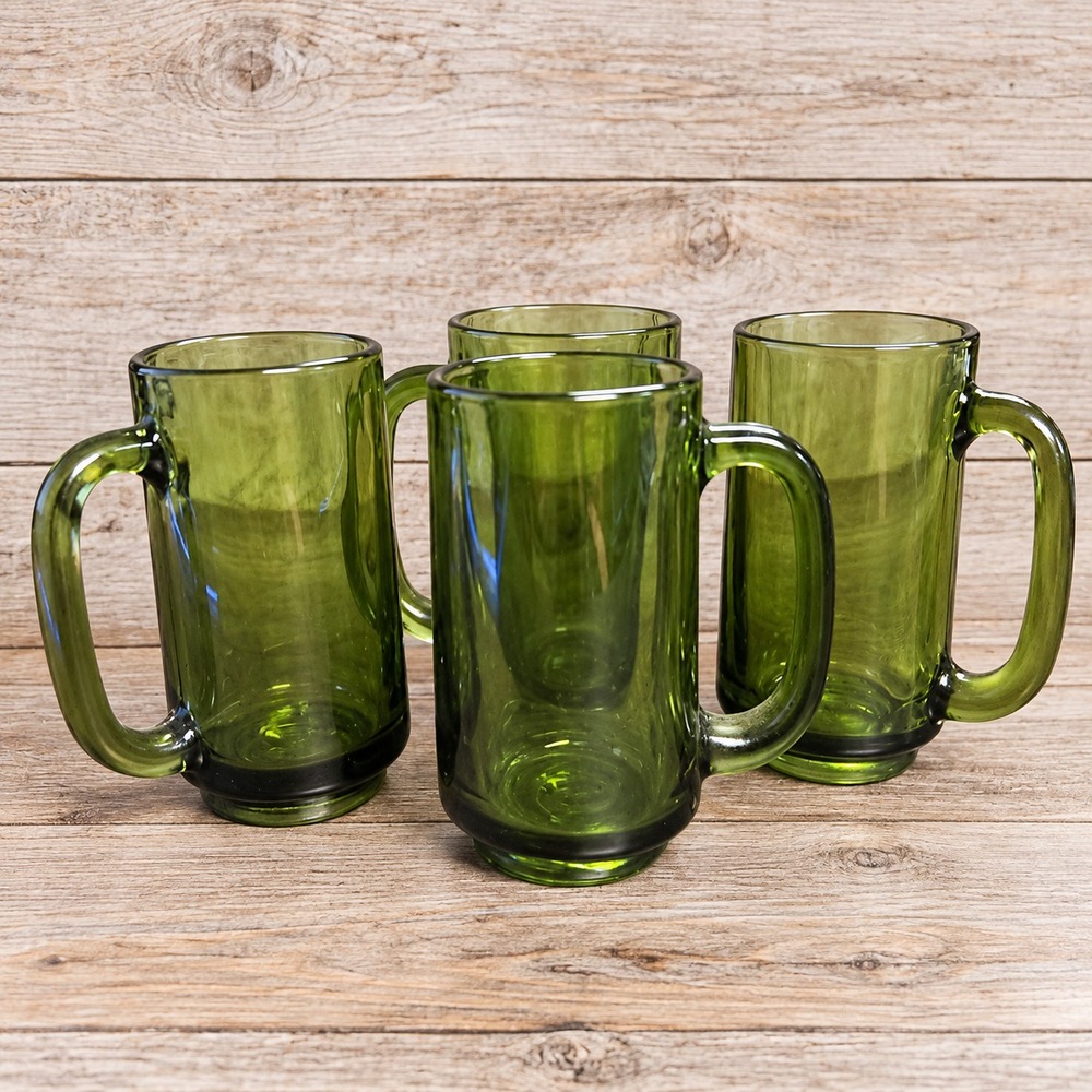 VIntage MCM Mid Century Modern Glass Handled Beer Mugs Set of 4 Green Barware